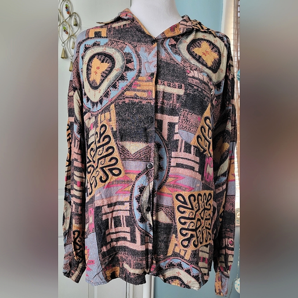 Vintage 80's Button Down Women's M Multi-color Avant Garde Graphic 3/4 Sleeve‎